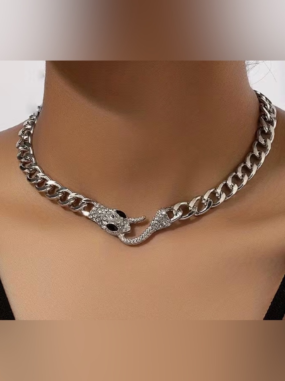 🐍 Silver & Crystal Snake Head Cuban Link Chain Necklace - Pets Reptile 🐍